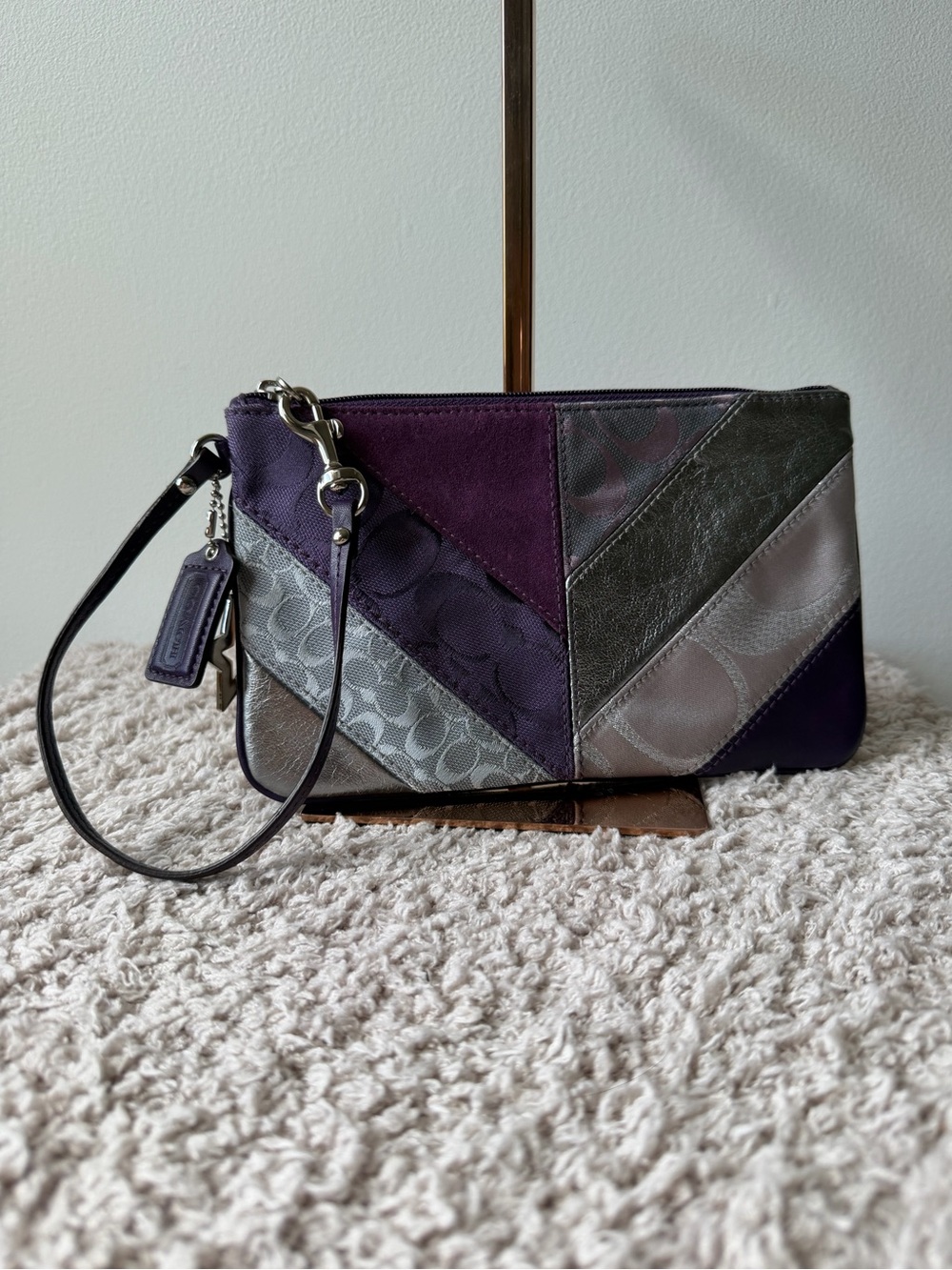 Coach Purple and Gray Patchwork Leather Wristlet